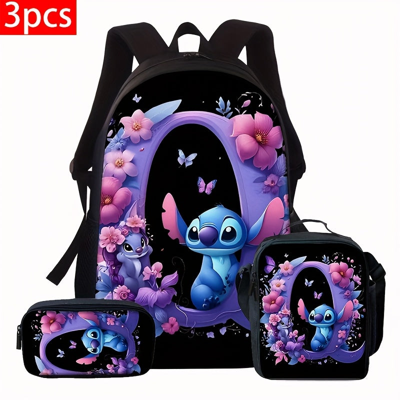 Lilo & Stitch Alphabet Backpack Set - Purple Floral Theme | A-Z Letters | Fashionable & Functional for Travel & Daily Use