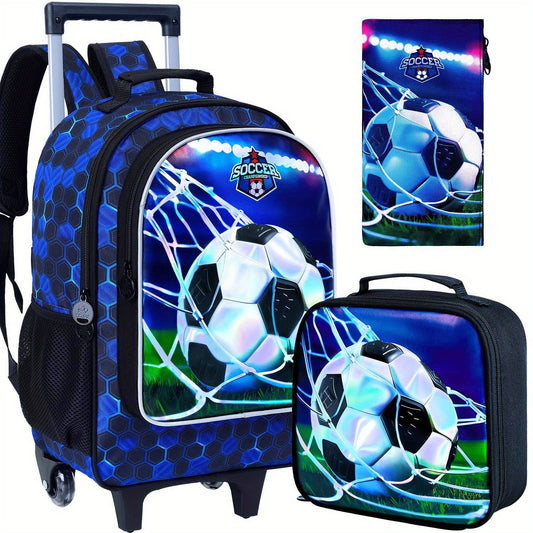 3pcs Rolling Backpack for Kids with Wheels - Soccer Design