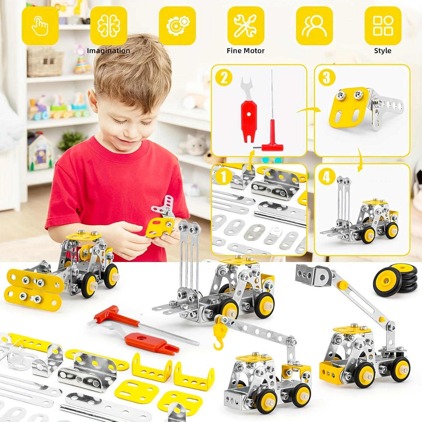 STEM Building Toys - 330pcs Erector Set for Kids, 4-in-1 Metal Engineering Vehicles Kit