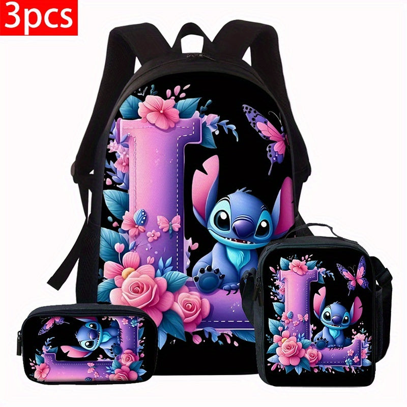 Lilo & Stitch Alphabet Backpack Set - Purple Floral Theme | A-Z Letters | Fashionable & Functional for Travel & Daily Use