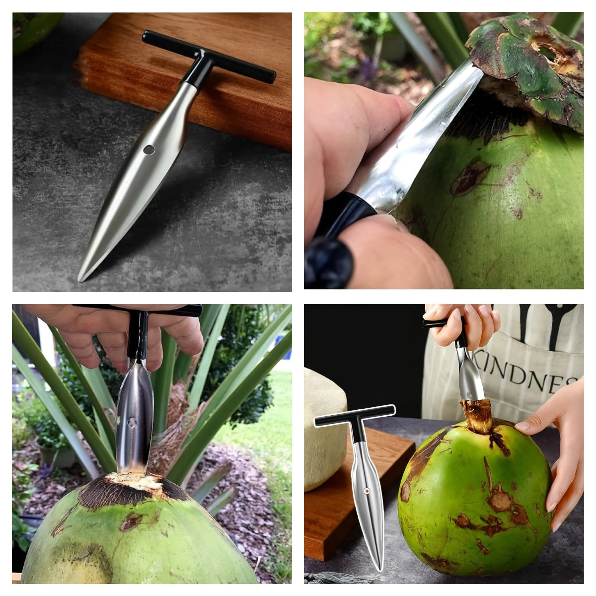Coconut Opener Tool Set - Stainless Steel Coconut Scraper & Punch with Wooden Handle