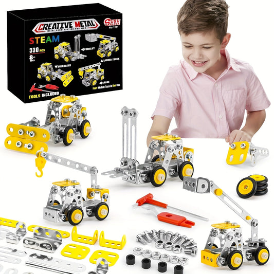 STEM Building Toys - 330pcs Erector Set for Kids, 4-in-1 Metal Engineering Vehicles Kit