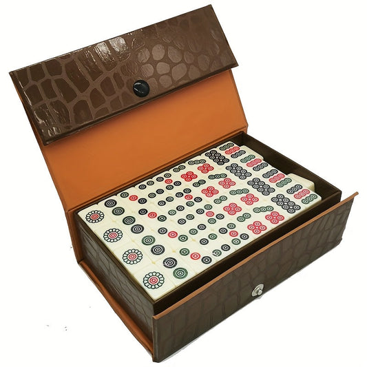 144pcs White Compact Mahjong Set with Elegant Floral & Geometric Designs for Travel & Family Fun