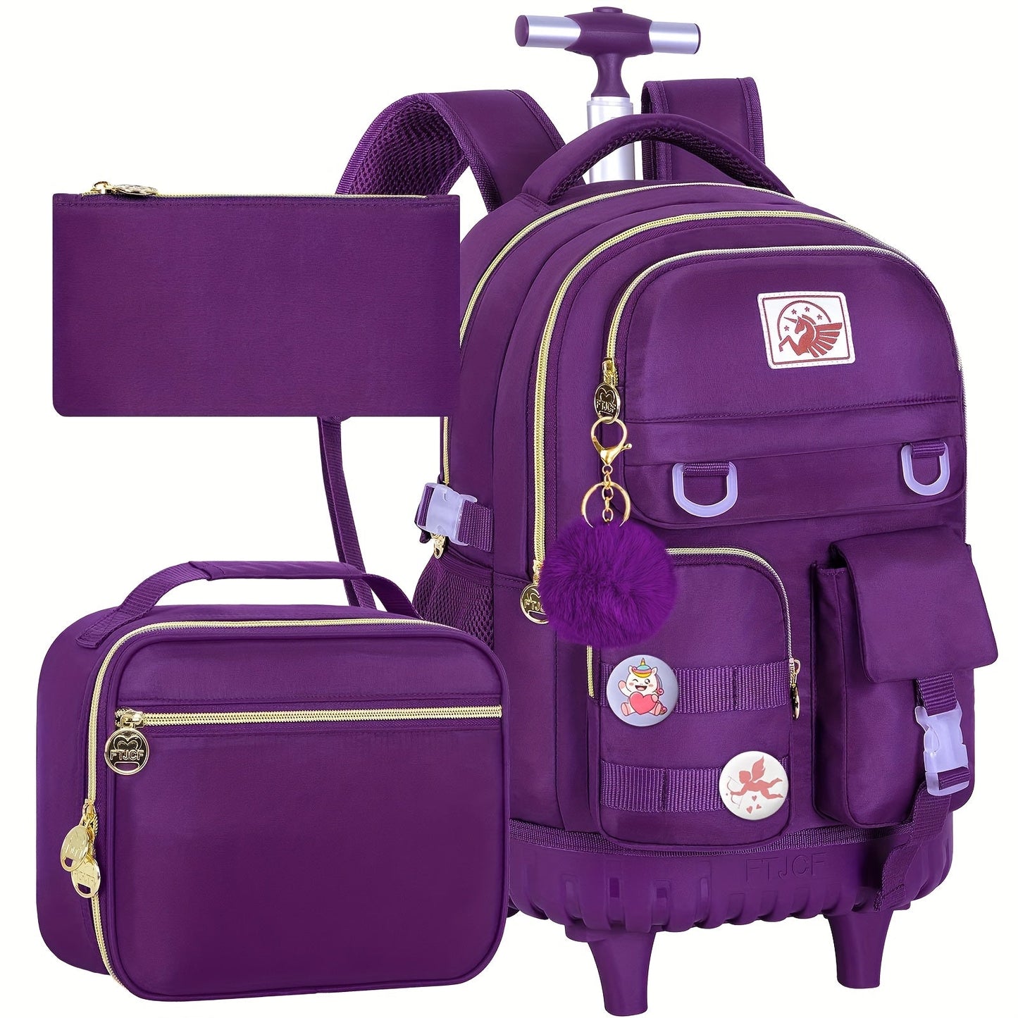 1pc Random Color Pom-Poms Rolling Backpack with Adjustable Strap and Telescopic Handle