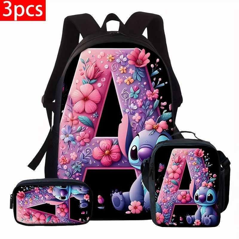 Lilo & Stitch Alphabet Backpack Set - Purple Floral Theme | A-Z Letters | Fashionable & Functional for Travel & Daily Use