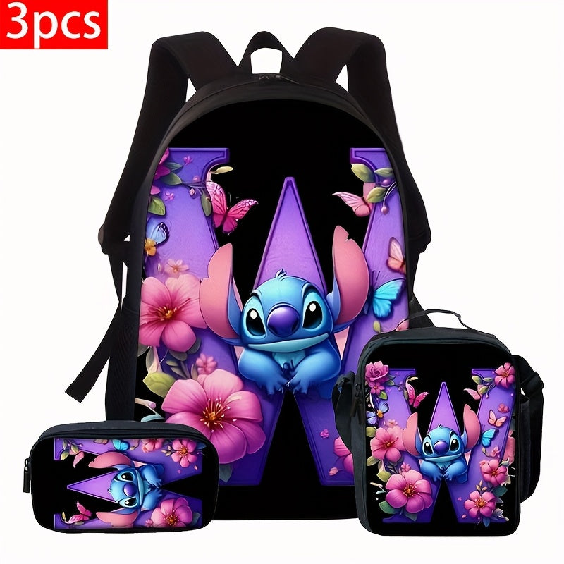 Lilo & Stitch Alphabet Backpack Set - Purple Floral Theme | A-Z Letters | Fashionable & Functional for Travel & Daily Use