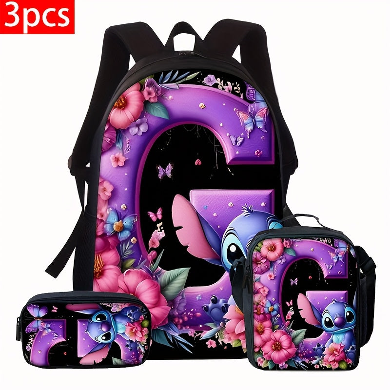 Lilo & Stitch Alphabet Backpack Set - Purple Floral Theme | A-Z Letters | Fashionable & Functional for Travel & Daily Use