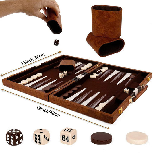 Classic 15-inch Backgammon Set with Folding Board & Leather Case