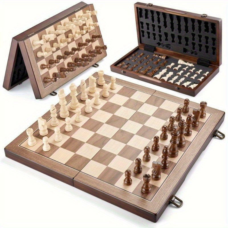 Portable Magnetic Wooden Chess Set - 15 Inch Foldable Board