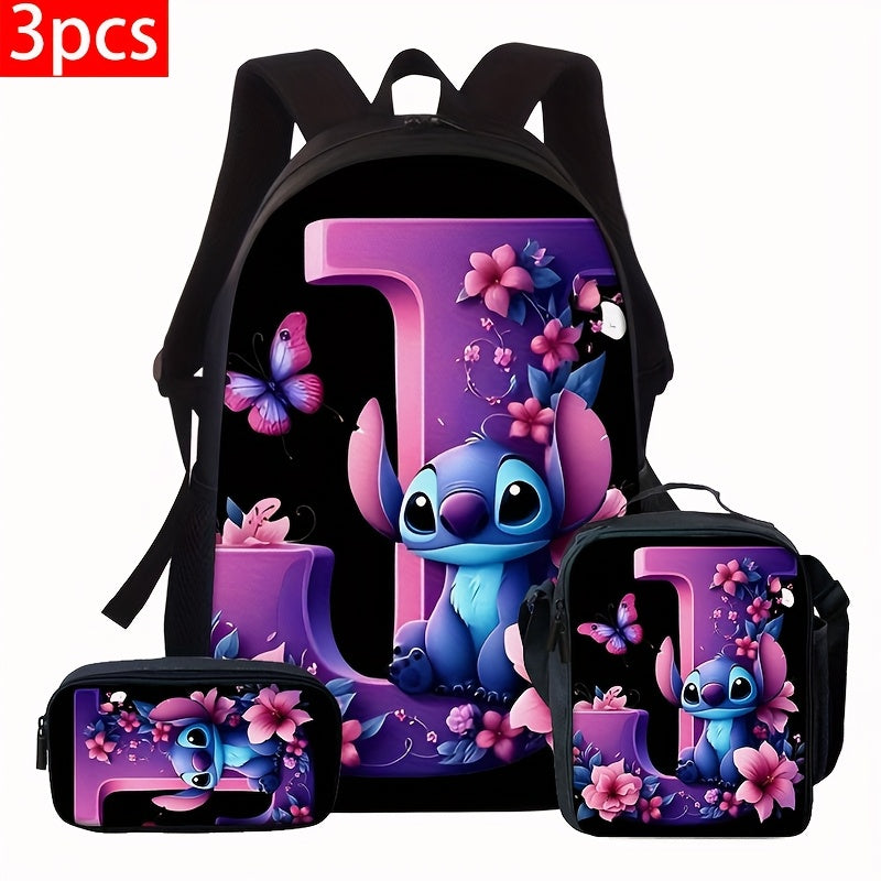 Lilo & Stitch Alphabet Backpack Set - Purple Floral Theme | A-Z Letters | Fashionable & Functional for Travel & Daily Use
