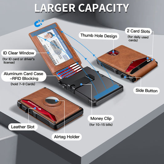 Airtag Wallet for Men - RFID Blocking, Minimalist Bifold Aluminum Card Holder with ID Window