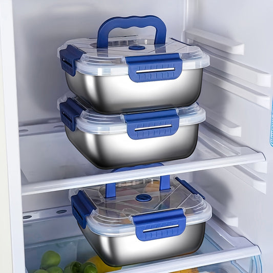 Set of 2/4 Blue Lidded Stainless Steel Food Containers - Kitchen Storage & Organization