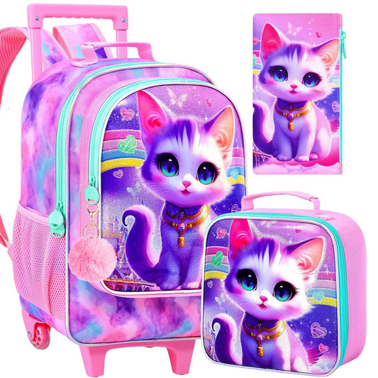 3pcs Rolling Foldable Lightweight Backpack for Girls - Kids Roller Wheeled Bookbag with Lunch Box - Pink Cat Design