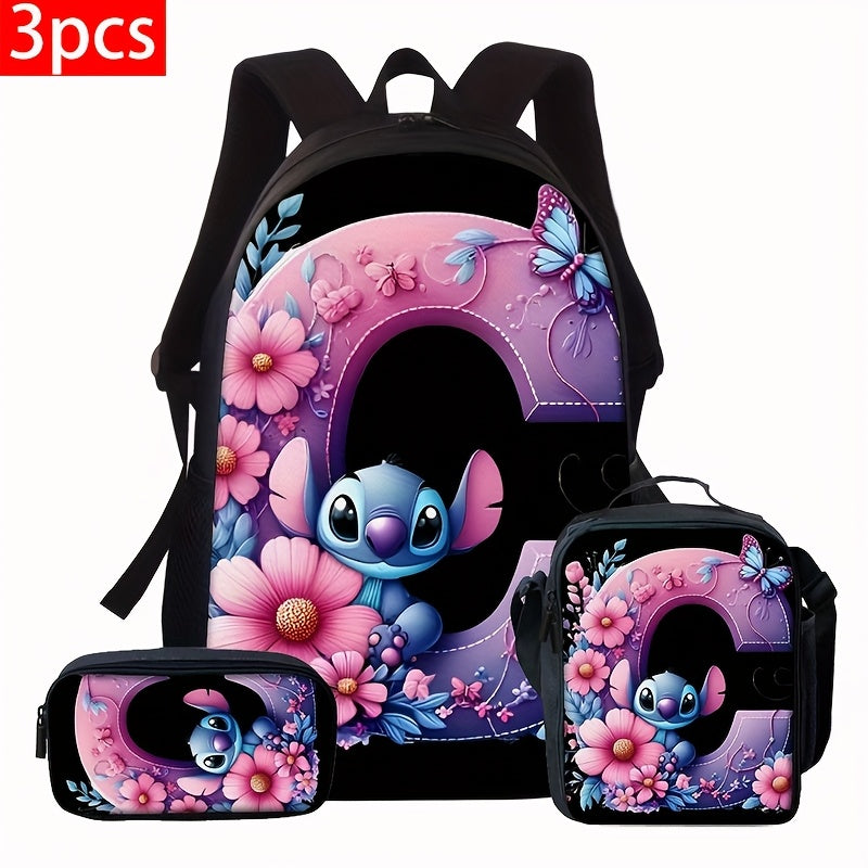Lilo & Stitch Alphabet Backpack Set - Purple Floral Theme | A-Z Letters | Fashionable & Functional for Travel & Daily Use