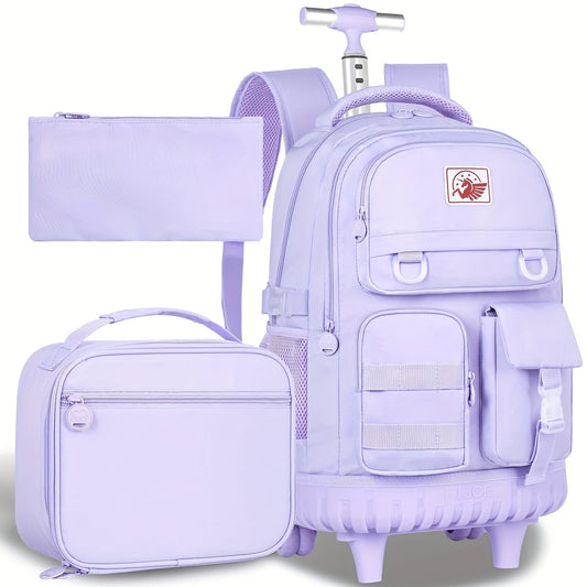 1pc Random Color Pom-Poms Rolling Backpack with Adjustable Strap and Telescopic Handle