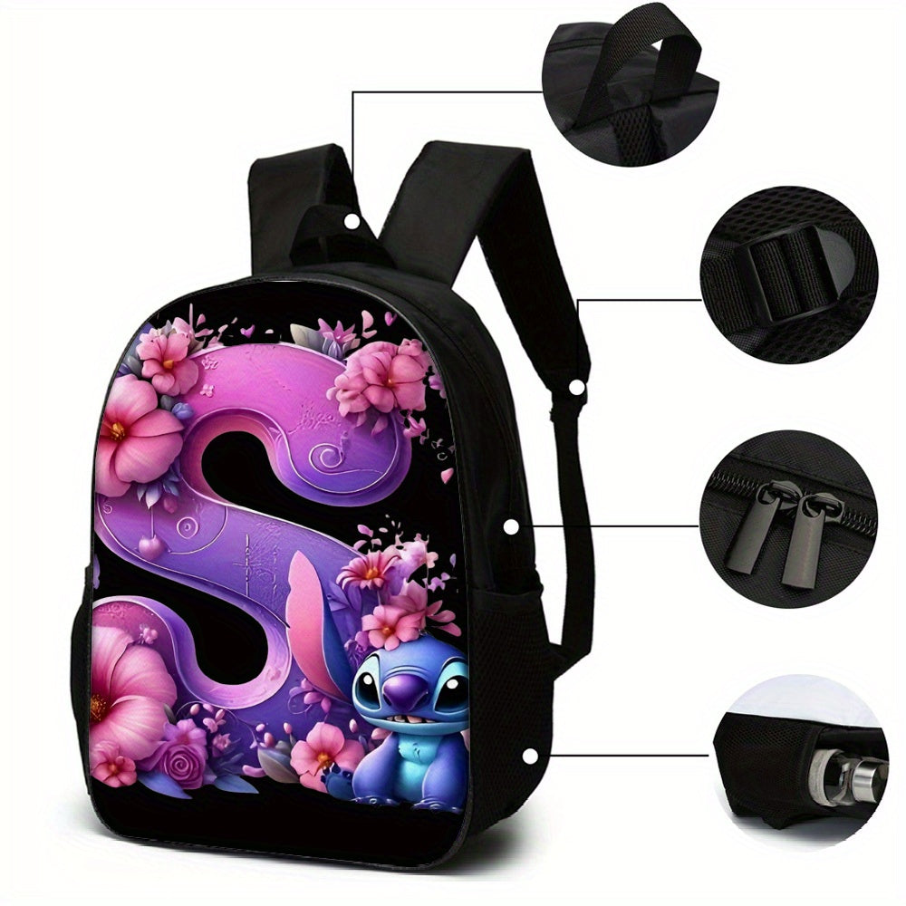 Lilo & Stitch Alphabet Backpack Set - Purple Floral Theme | A-Z Letters | Fashionable & Functional for Travel & Daily Use