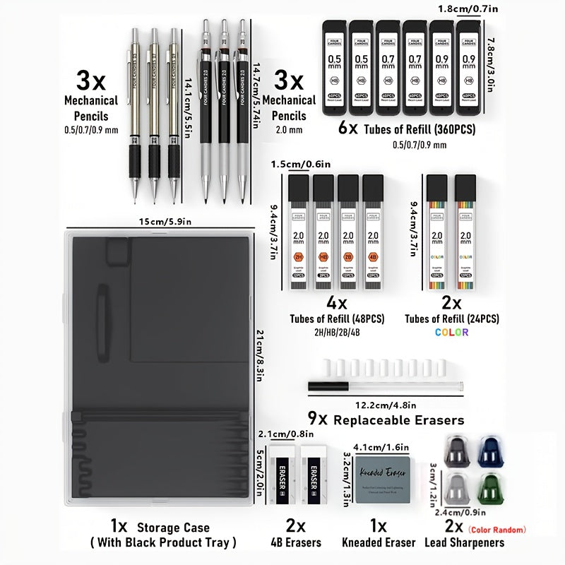 Art Mechanical Pencil Set - 25pcs with Case, 0.5, 0.7, 0.9mm & 2mm Lead Holders
