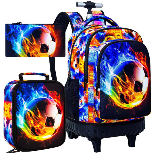 3pcs Lightning Soccer Rolling Backpack Set for Boys with Lunch Box and Pencil Case - CCJPX