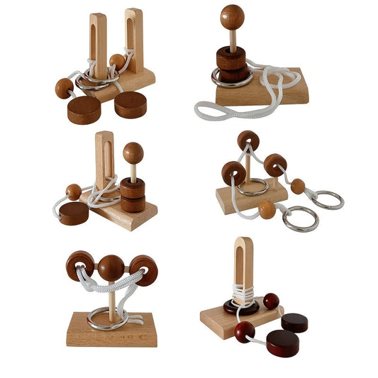6pcs Wooden Topological Puzzle Rope Untying Game Set with Pillars and Building Blocks